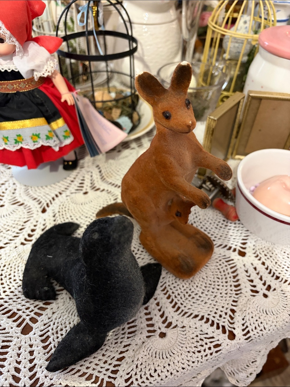 Large Vintage Flocked Brown Kangaroo Figurine and black seal